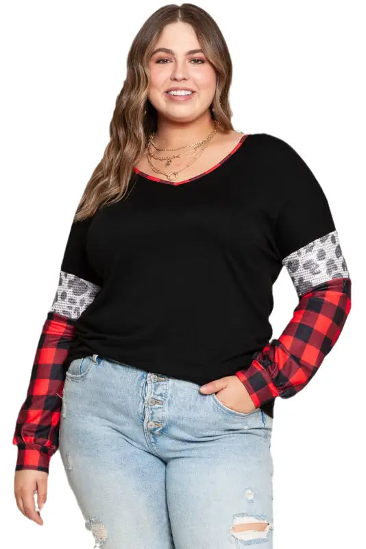 Black christmas tree plaid leopard sequin plus size top