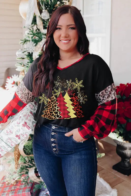 Black christmas tree plaid leopard sequin plus size top