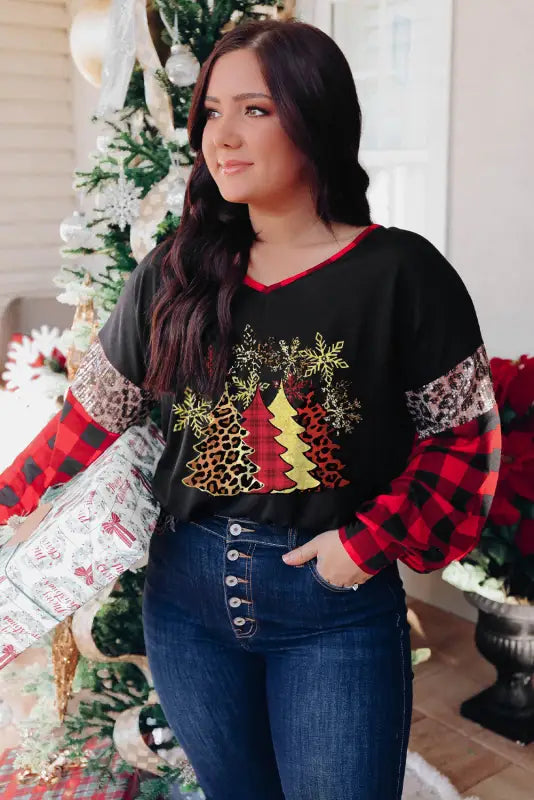 Black christmas tree plaid leopard sequin plus size top