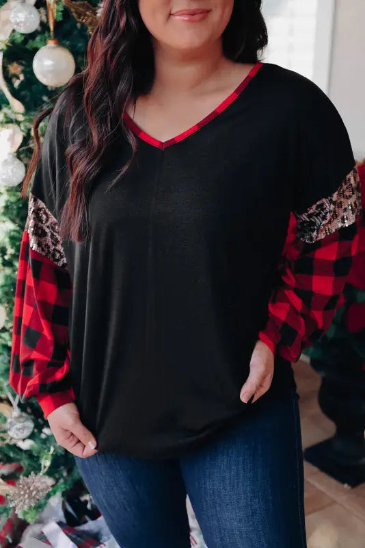 Black christmas tree plaid leopard sequin plus size top