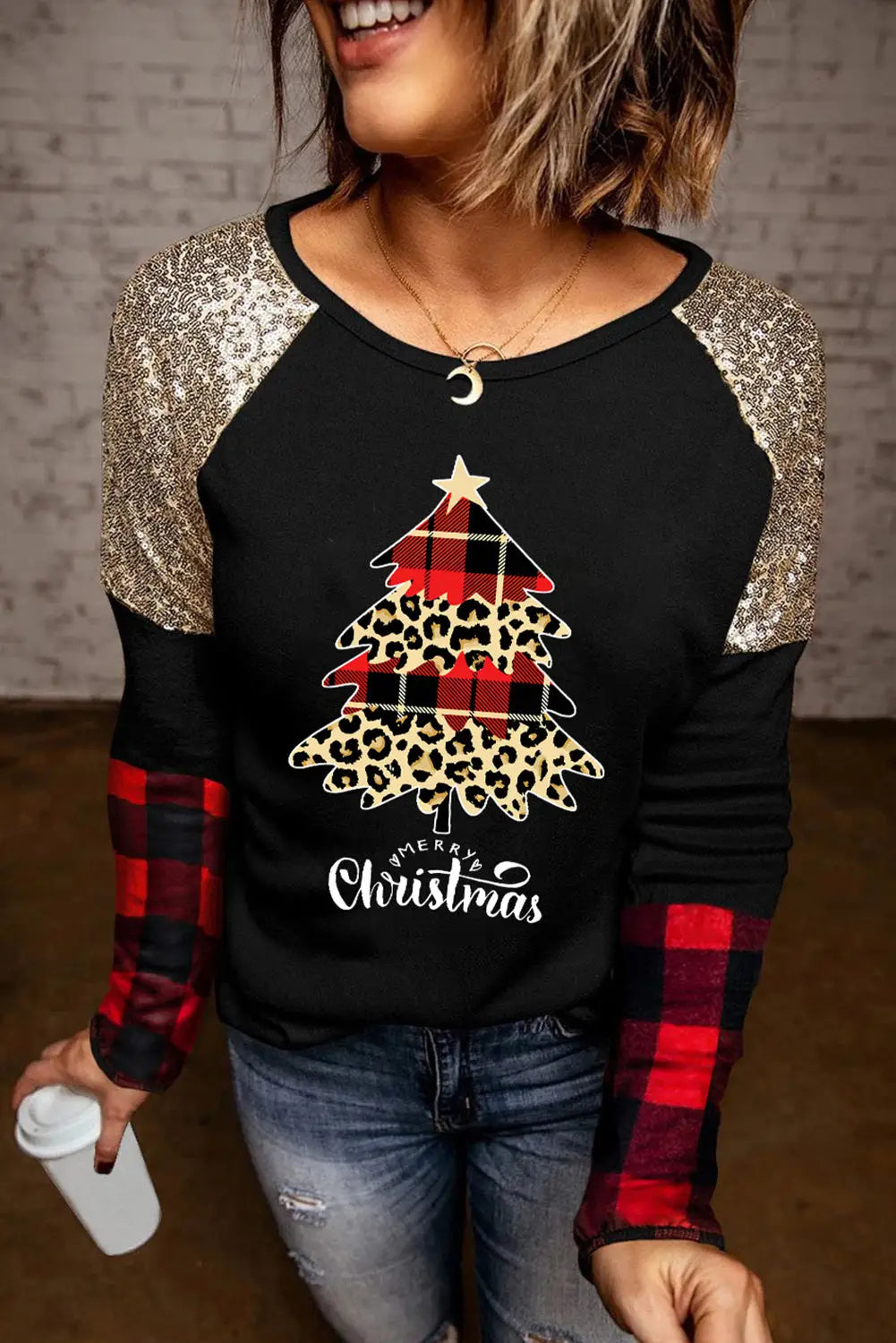 Black christmas tree plaid print sequin patch t shirt - 2xl