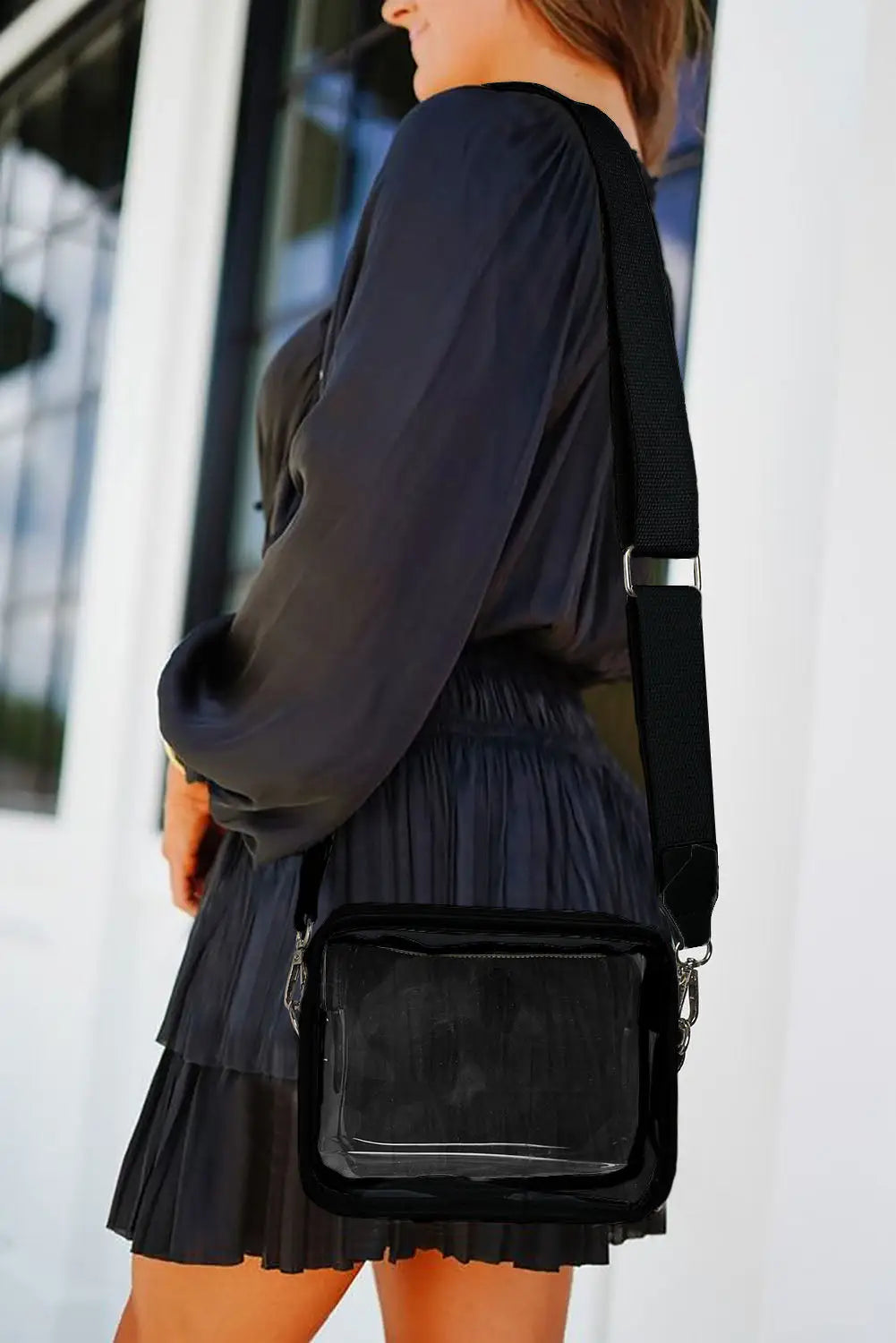 Black clear pvc leather strap crossbody bag - bags