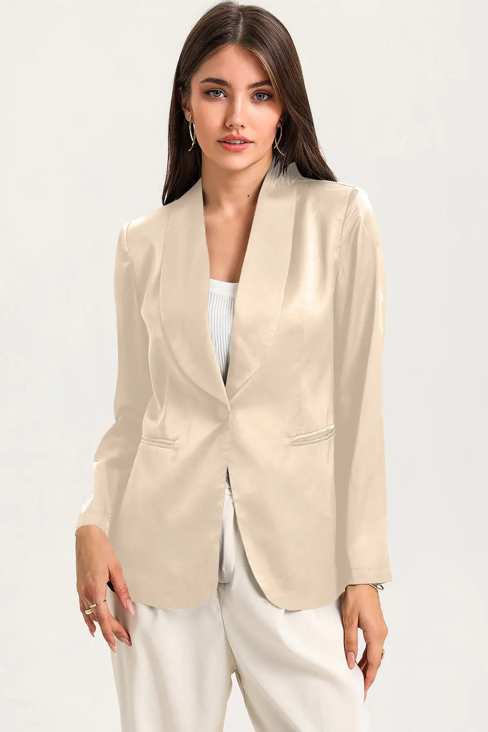 Black collared neck single breasted blazer with pockets - apricot / s / 90% polyester + 10% elastane - blazers