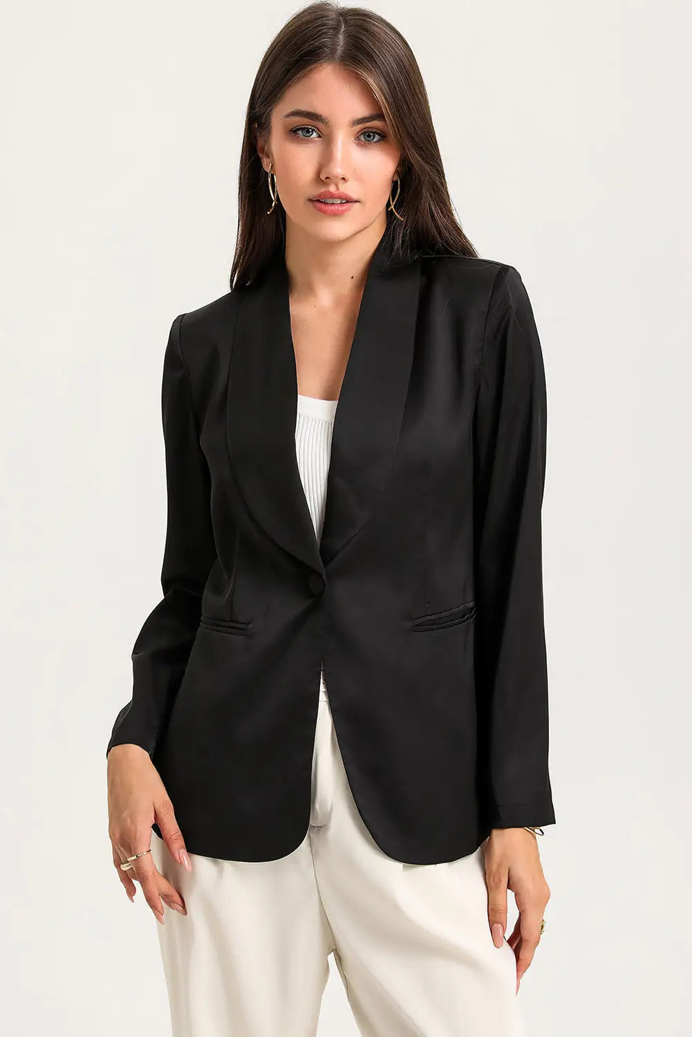 Black collared neck single breasted blazer with pockets - s / 90% polyester + 10% elastane - blazers