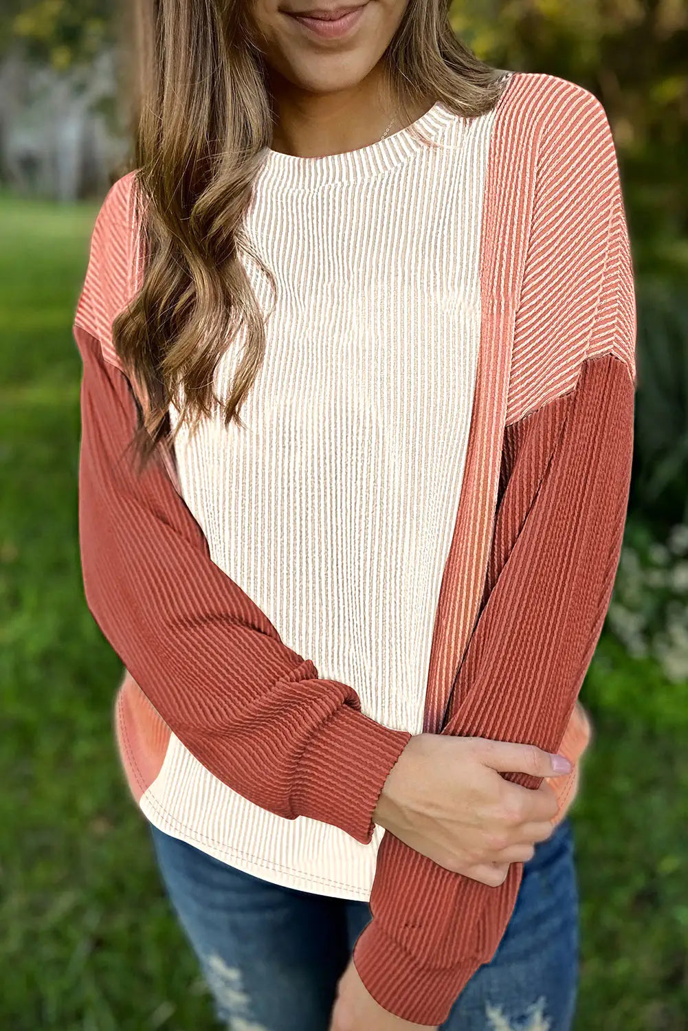 Black color block corded texture long sleeve top - apricot pink / s / 75% polyester + 20% viscose + 5% elastane - tops