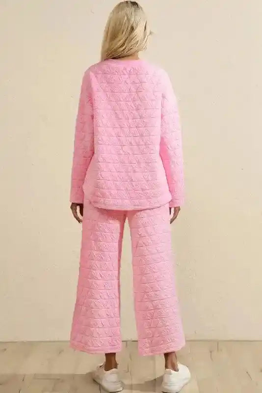 Back view of model in pink Modern Style Quilted Shorts Set - Black, showing relaxed fit and quilted loungewear design.