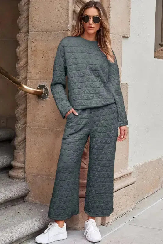 Black Color Block Quilted 3/4 Sleeve Top and Shorts Set - Fashionfitz