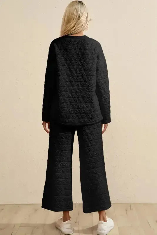 Black Color Block Quilted 3/4 Sleeve Top and Shorts Set - Fashionfitz