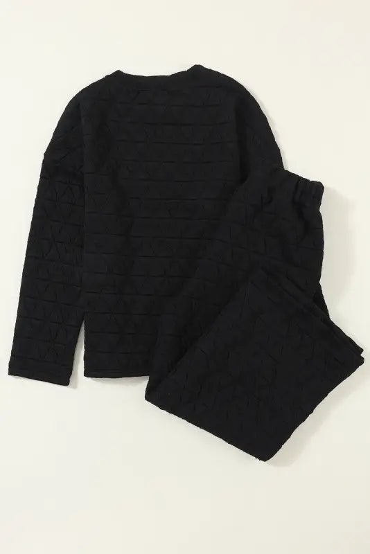 Black color block quilted 3/4 sleeve top and shorts set - loungewear