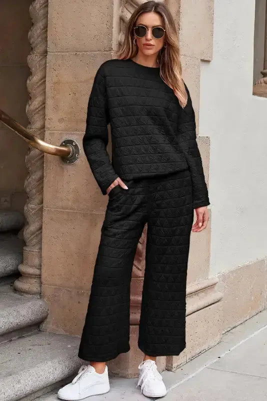 Black Color Block Quilted 3/4 Sleeve Top and Shorts Set - Fashionfitz