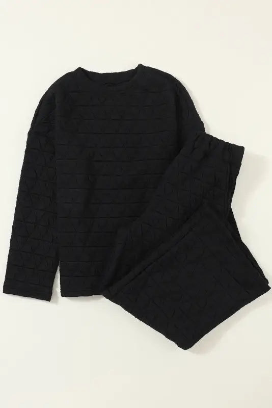 Black color block quilted 3/4 sleeve top and shorts set - black2 / s / 95% polyester + 5% elastane - loungewear