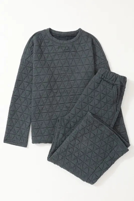 Black color block quilted 3/4 sleeve top and shorts set - dark grey / s / 95% polyester + 5% elastane - loungewear