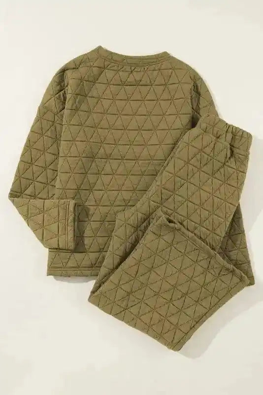 Back view of olive green quilted loungewear set with diamond stitching, perfect for stylish indoor wear.