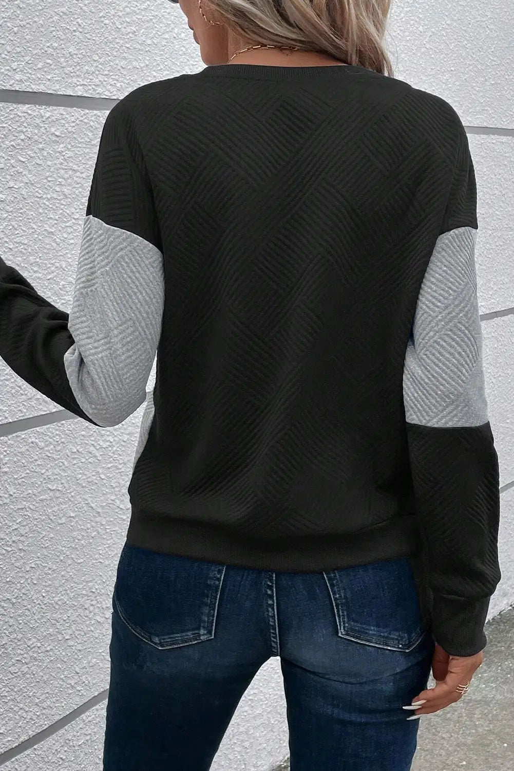 Black color block textured drop shoulder top - long sleeve tops