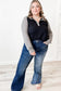 Black color contrast waffle knit buttoned plus size top