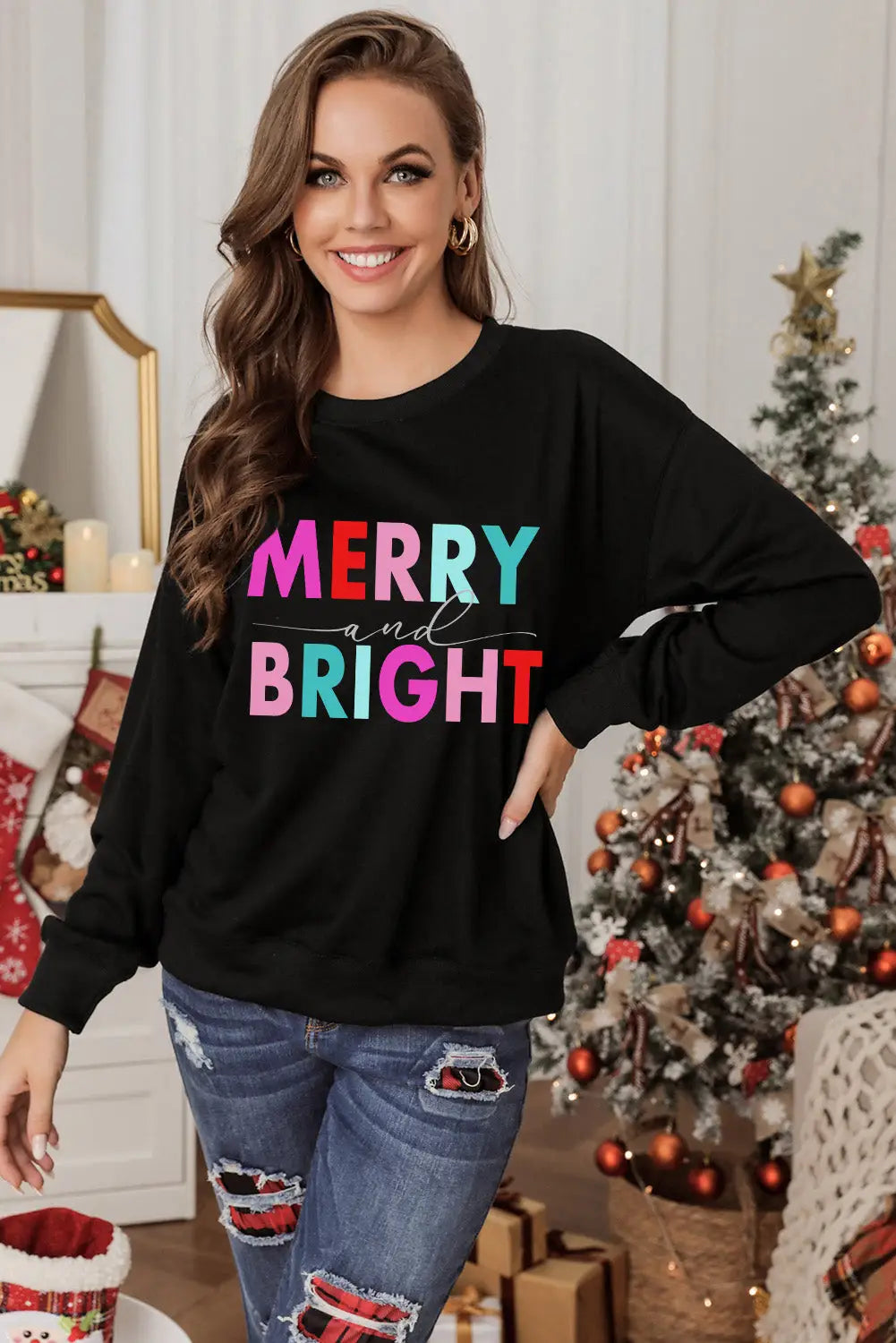 Black colorful merry and bright graphic sweatshirt - sweatshirts