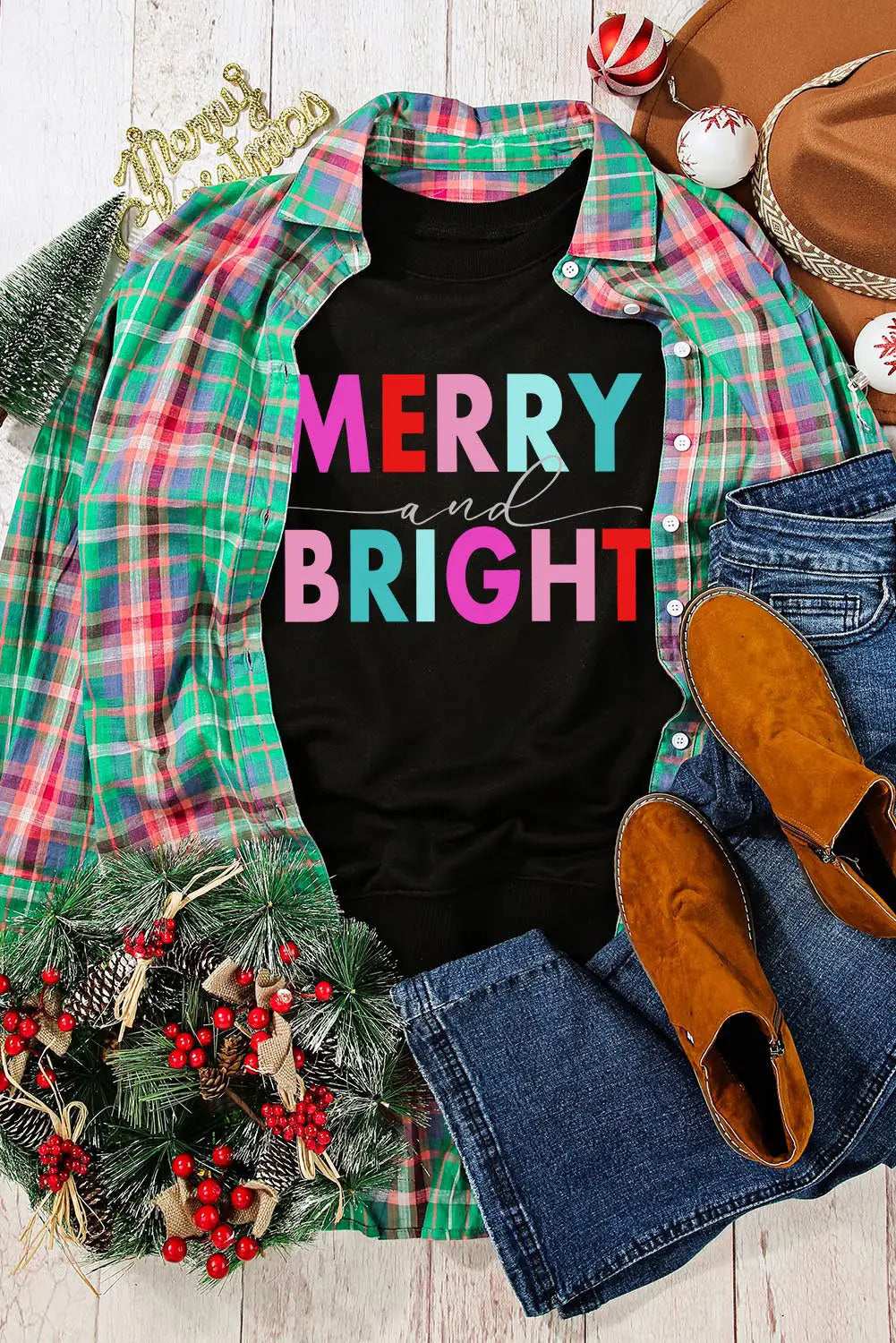 Black colorful merry and bright graphic sweatshirt - sweatshirts