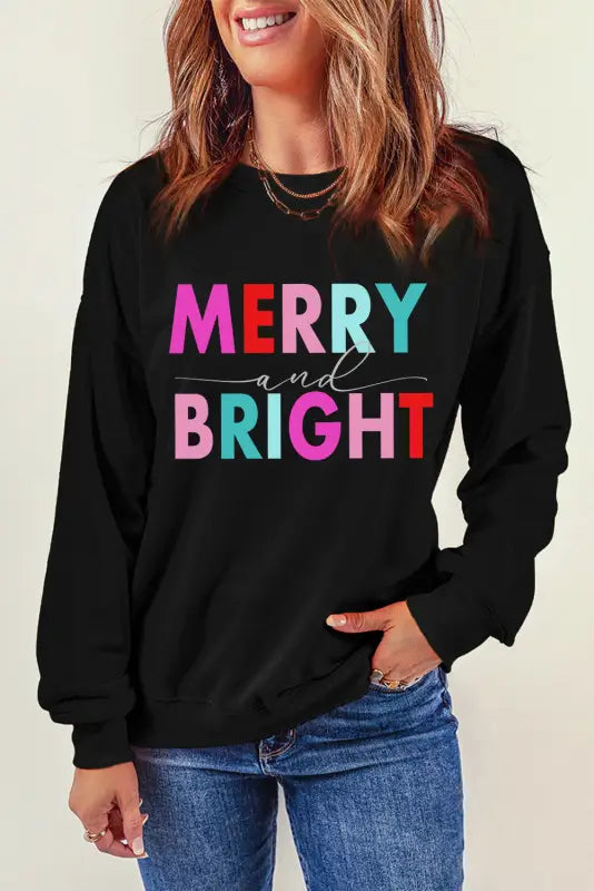 Black colorful merry and bright graphic sweatshirt - sweatshirts