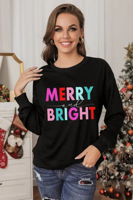 Black colorful merry and bright graphic sweatshirt - sweatshirts