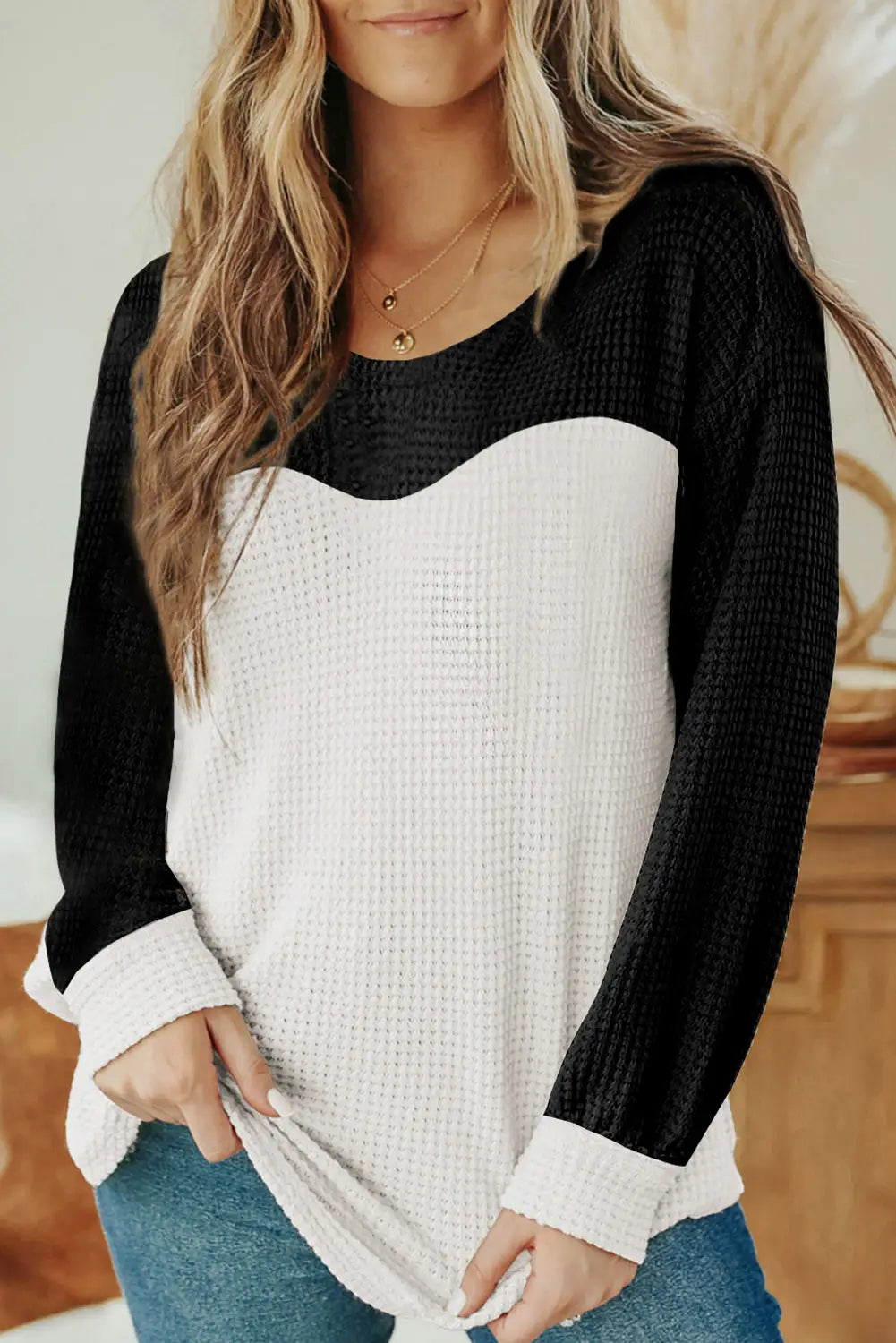 Black contrast color waffle knit long sleeve top - s /