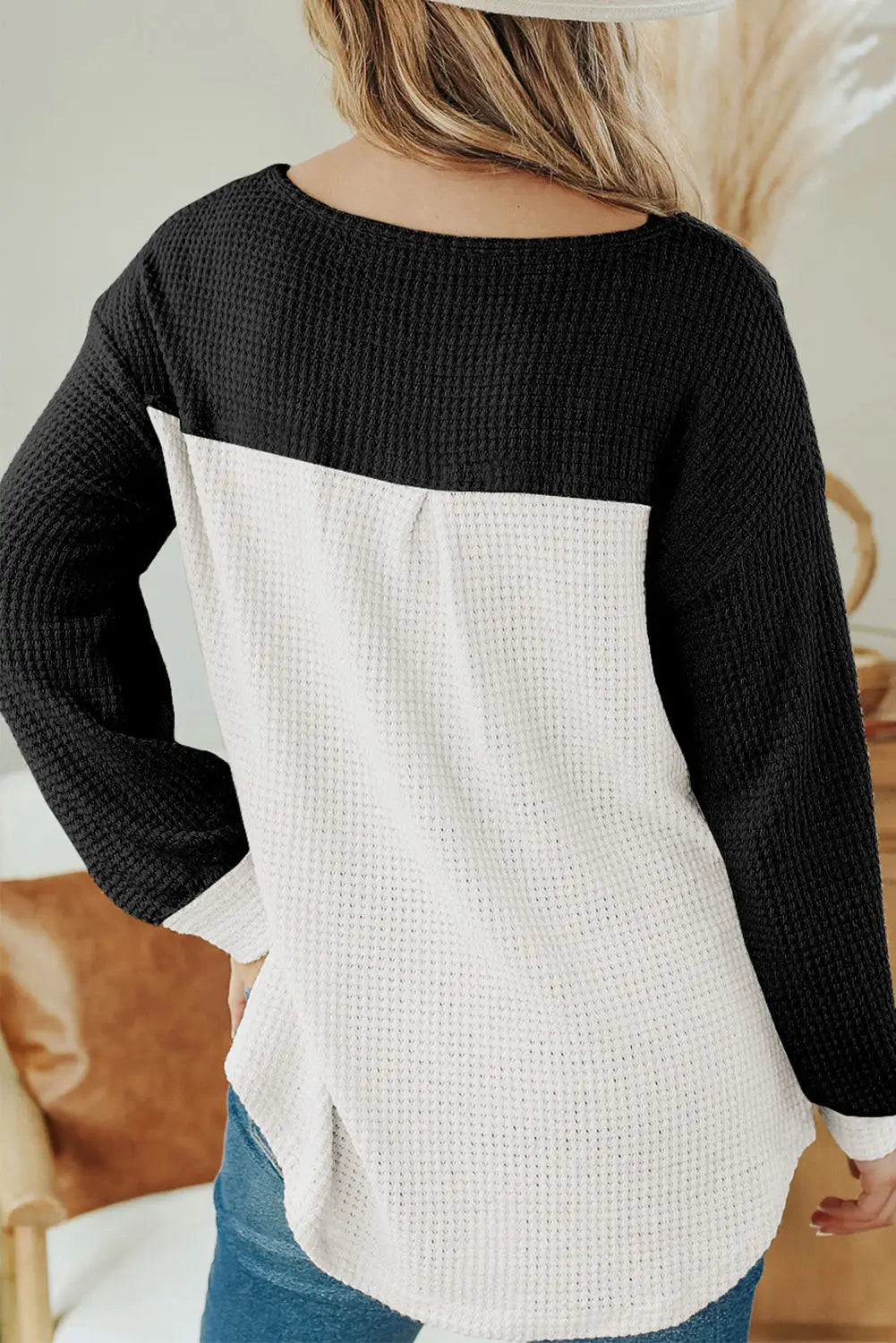 Black contrast color waffle knit long sleeve top - tops