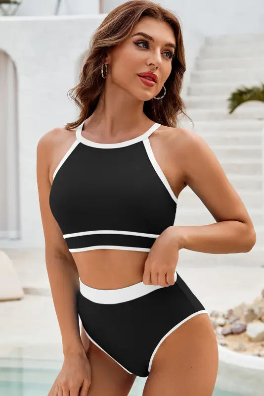 Black contrast crisscross back high waist bikini - swimwear/high waisted swimsuit