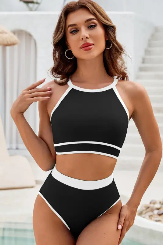 Black contrast crisscross back high waist bikini - swimwear/high waisted swimsuit