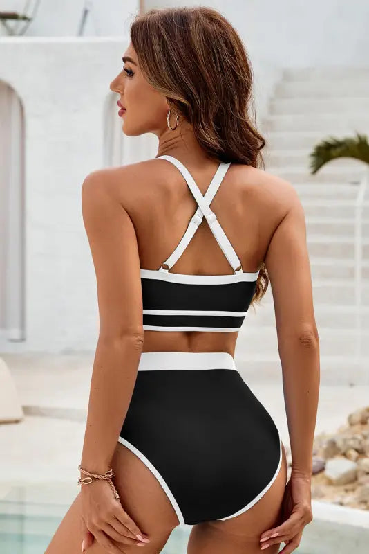 Black contrast crisscross back high waist bikini - swimwear/high waisted swimsuit