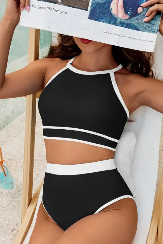 Black contrast crisscross back high waist bikini - swimwear/high waisted swimsuit