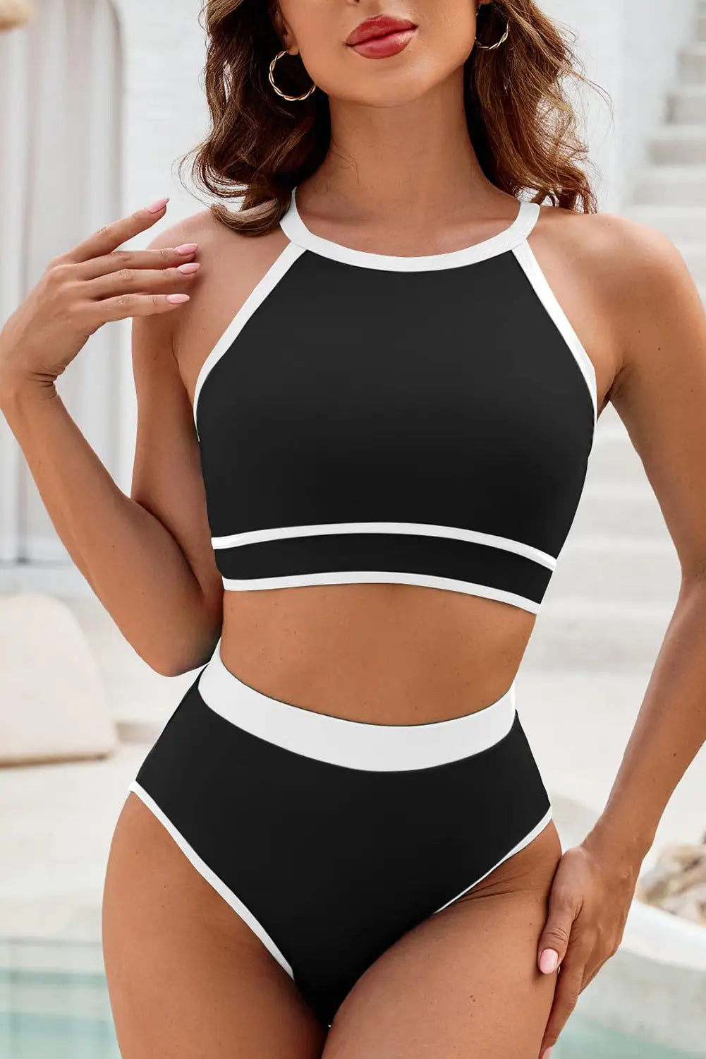 Black contrast crisscross back high waist bikini - s / 82% polyamide + 18% elastane - swimwear/high waisted swimsuit