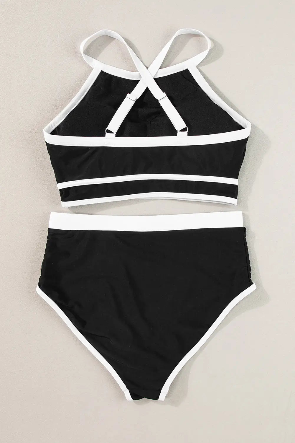 Black contrast crisscross back high waist bikini - swimwear/high waisted swimsuit