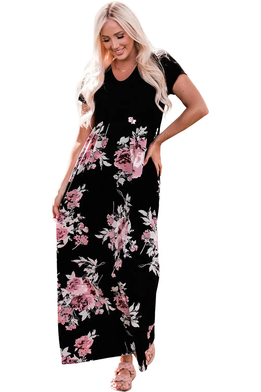 Black contrast floral empire waist maxi dress - dresses