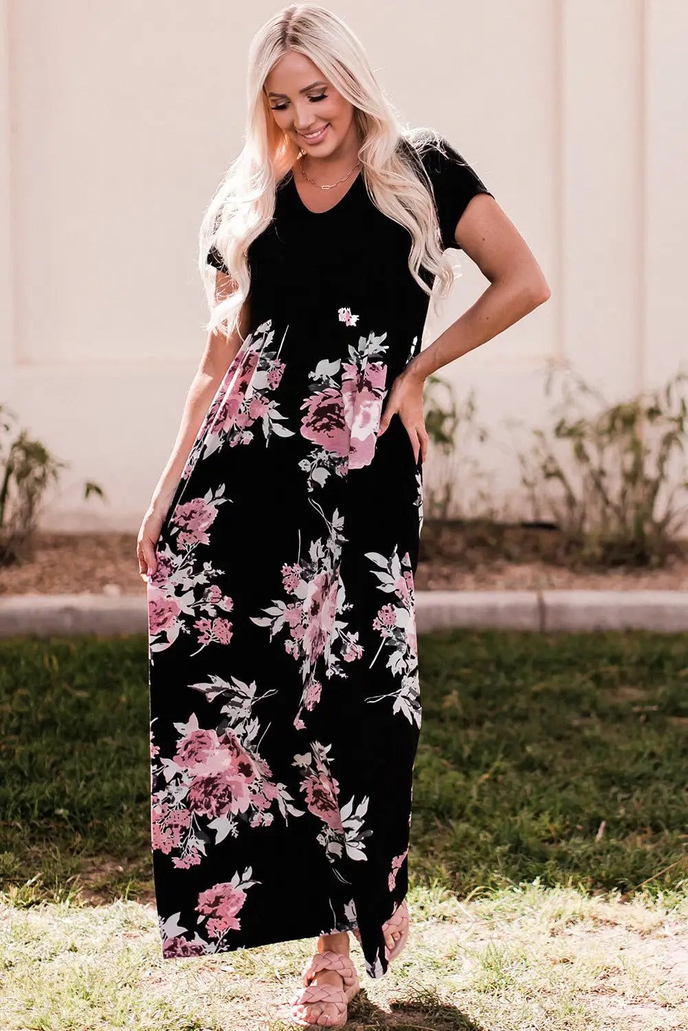 Black contrast floral empire waist maxi dress - s / 95% polyester + 5% elastane - dresses