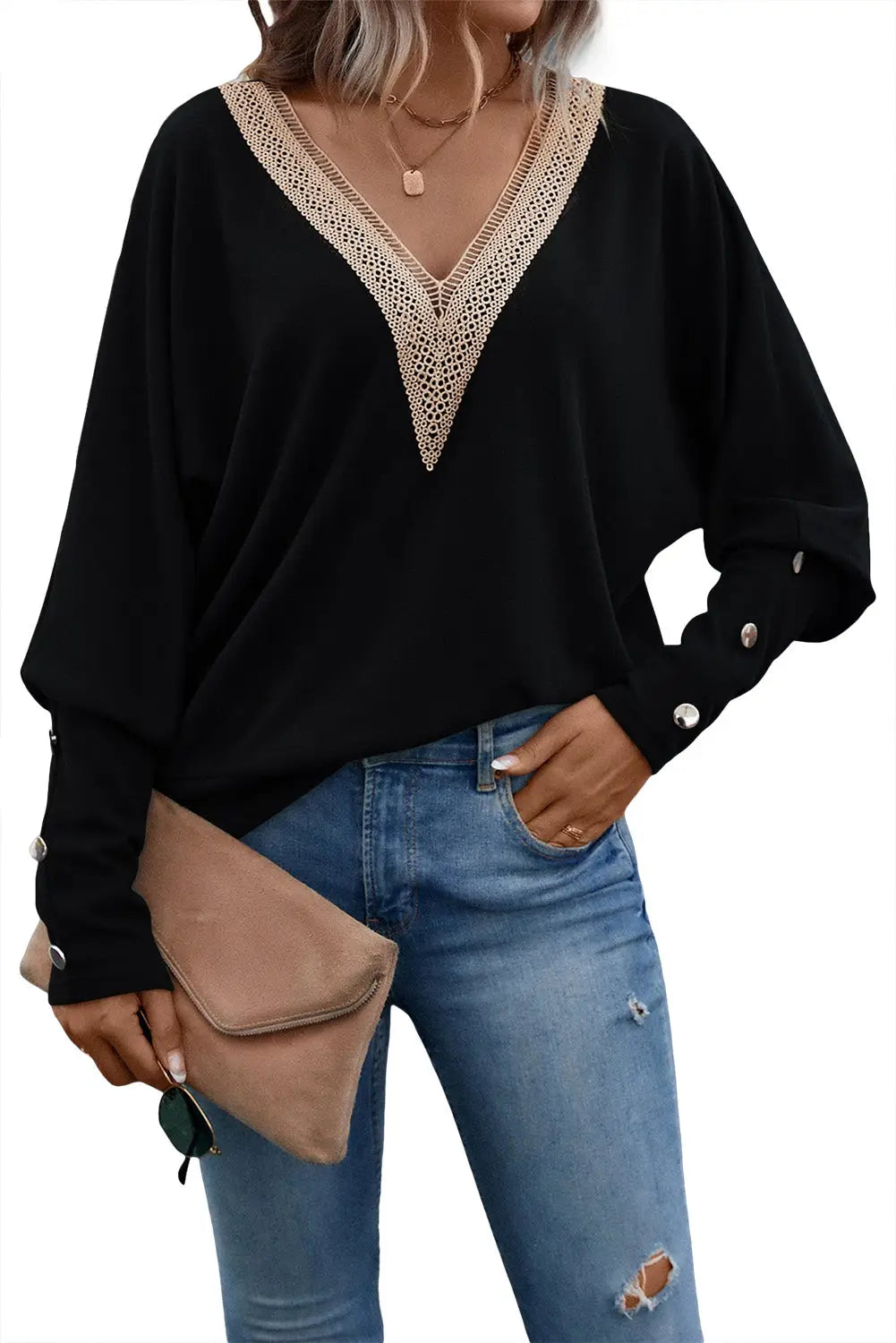 Black contrast guipure lace batwing sleeve top - long tops