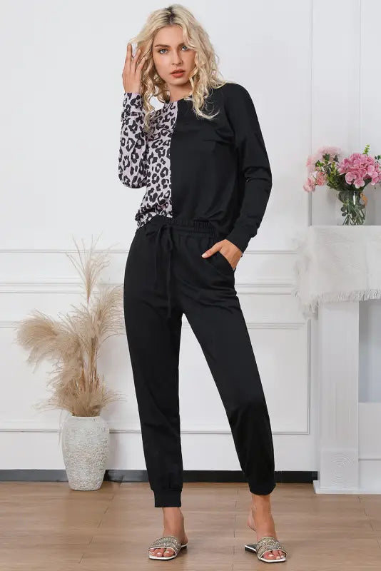 Loungewear black contrast leopard long sleeve pullover