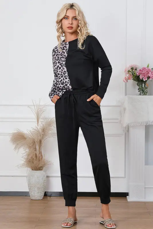 Loungewear black contrast leopard long sleeve pullover