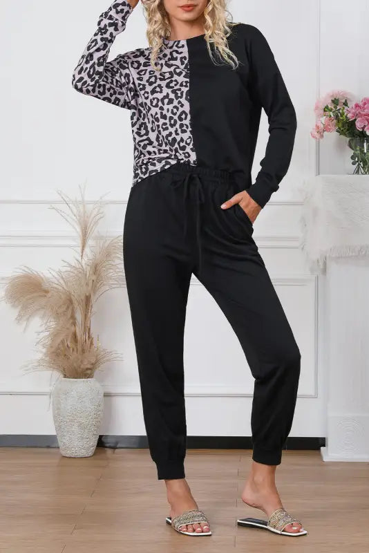 Loungewear black contrast leopard long sleeve pullover