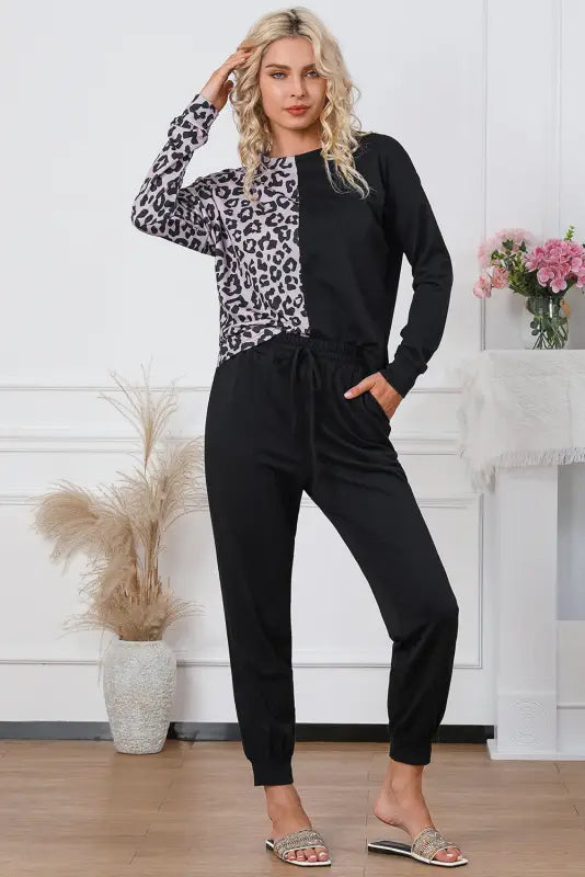 Loungewear black contrast leopard long sleeve pullover