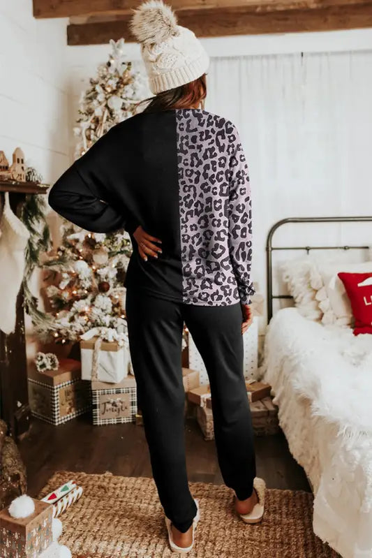 Loungewear black contrast leopard long sleeve pullover