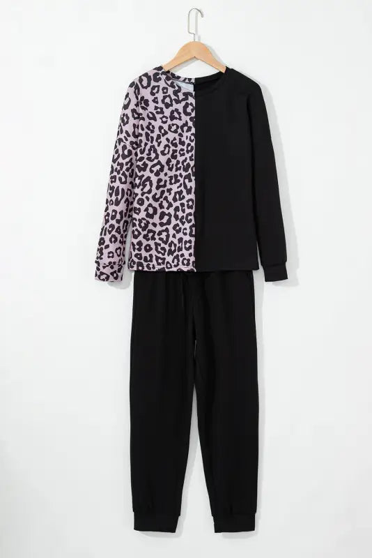 Loungewear black contrast leopard long sleeve pullover