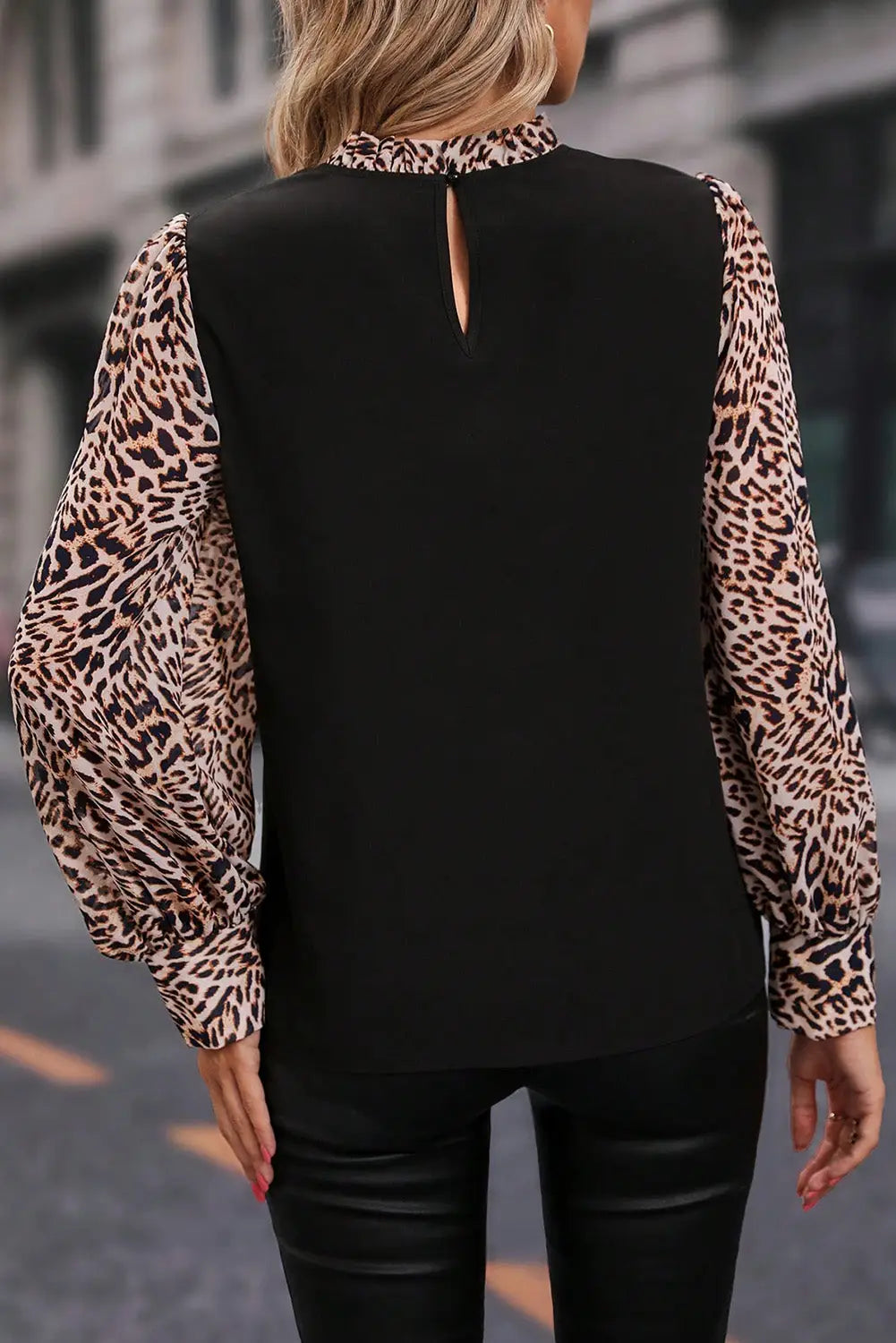 Black contrast leopard print lantern sleeve blouse - blouses & shirts