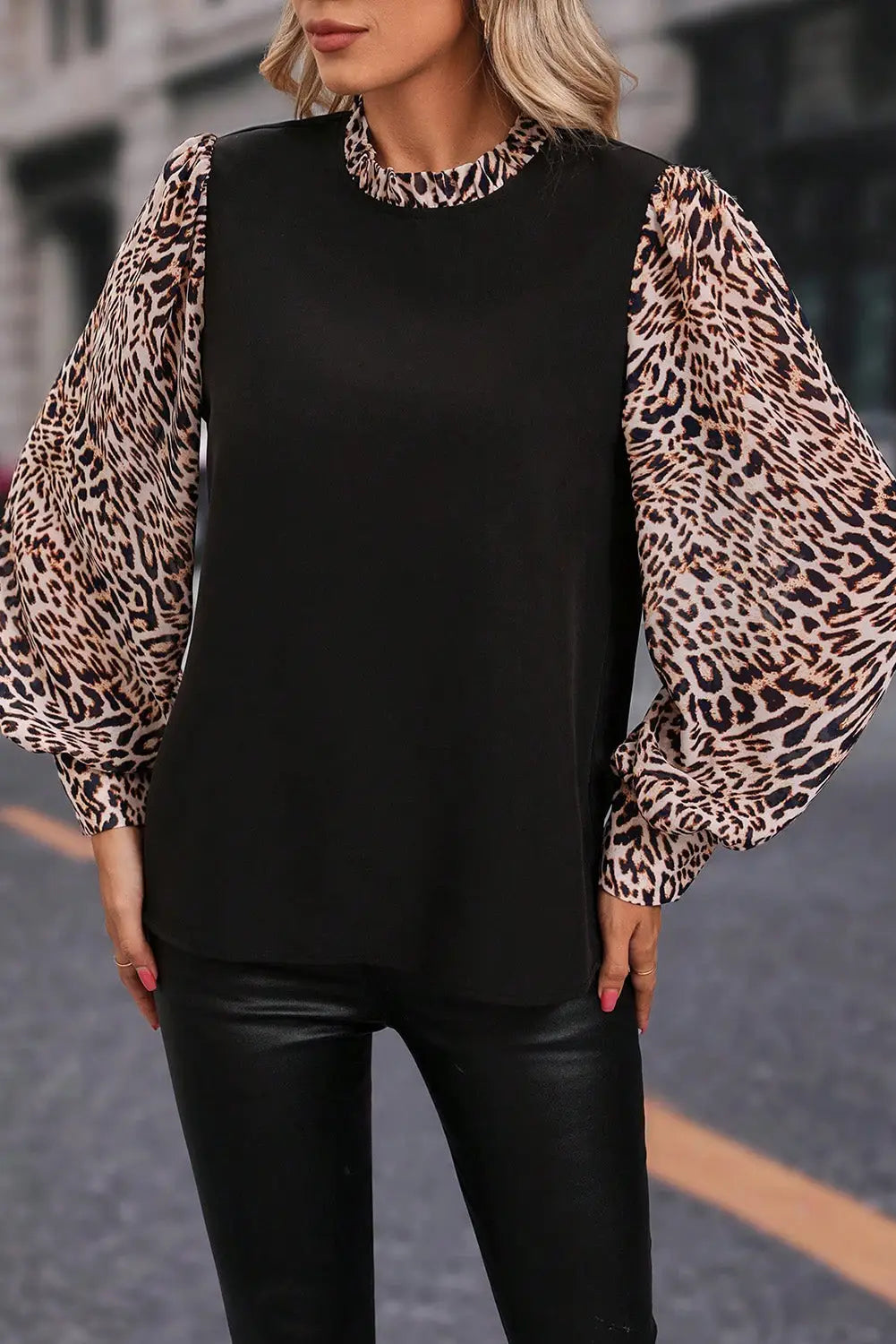 Black contrast leopard print lantern sleeve blouse - blouses & shirts