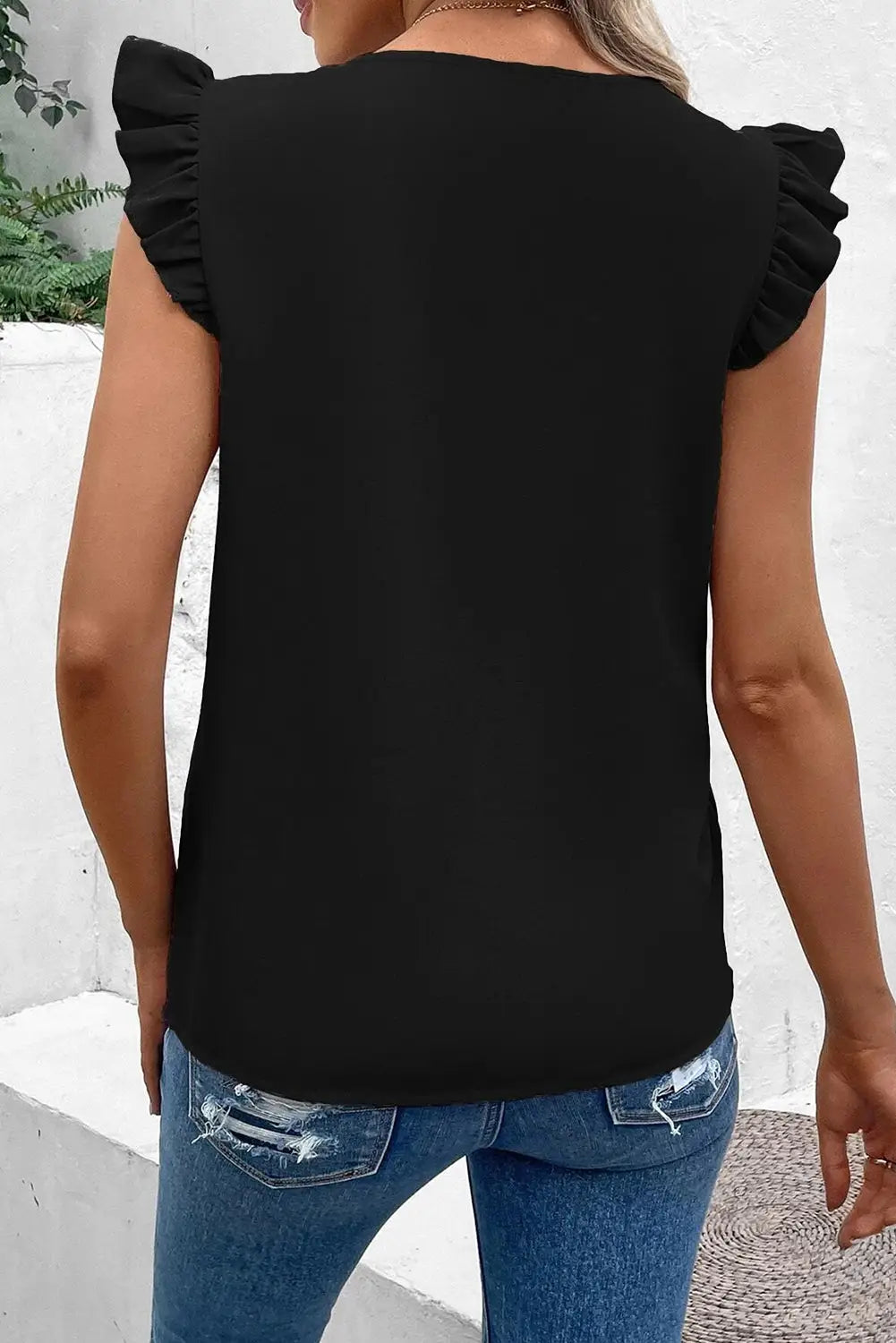 Black contrast sequin v neck flutter sleeve blouse - blouses & shirts