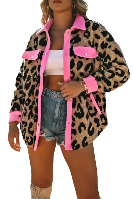 Black contrast trimmed leopard teddy shacket - shackets