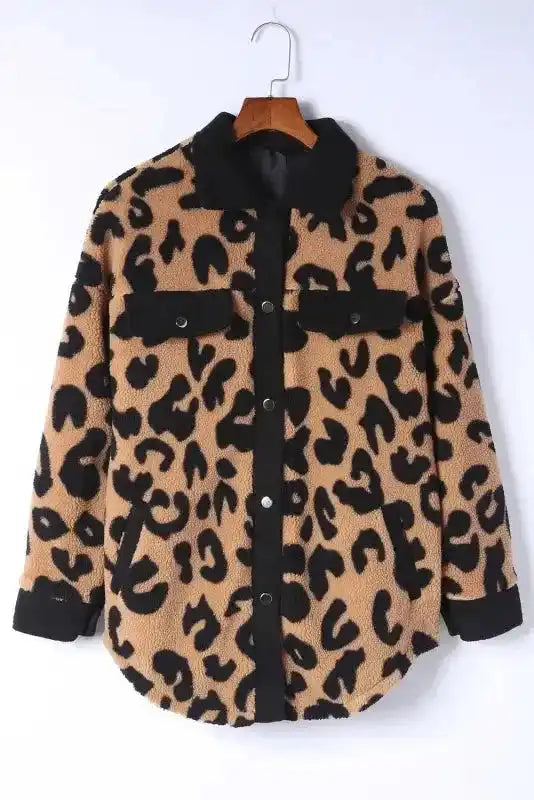 Black Contrast Trimmed Leopard Teddy Shacket - Fashionfitz