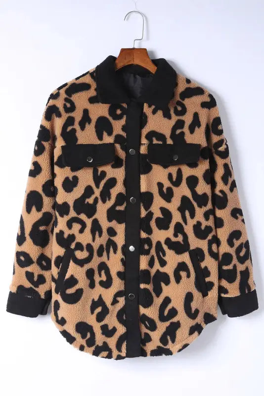 Black contrast trimmed leopard teddy shacket - shackets