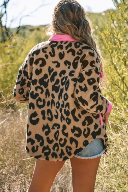 Black contrast trimmed leopard teddy shacket - shackets