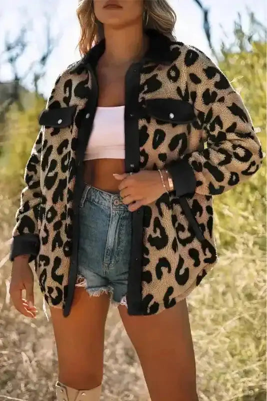 Black Contrast Trimmed Leopard Teddy Shacket - Fashionfitz