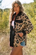 Black Contrast Trimmed Leopard Teddy Shacket - Fashionfitz