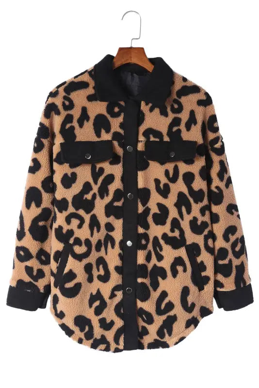 Black contrast trimmed leopard teddy shacket - shackets